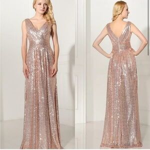 Kate Kasin Rose Gold Sequin V Neck Bridesmaid Dress Evening Prom Party Sz 6